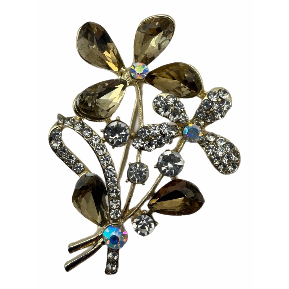 Vintage Style Gold Tone Smoky Topaz Crystal Floral Bouquet Brooch Pin Rhinestone